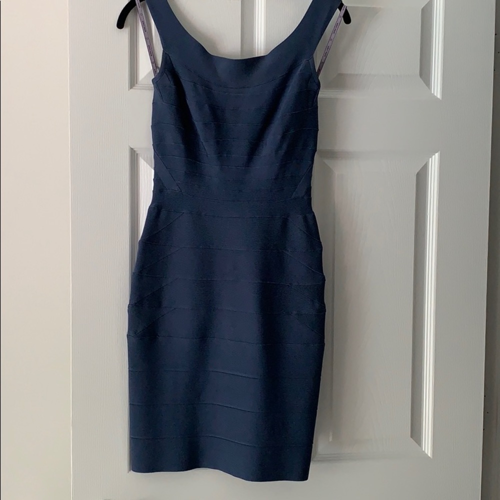 Herve Leger blue sheath dress with shoulder straps on or off the shoulder.